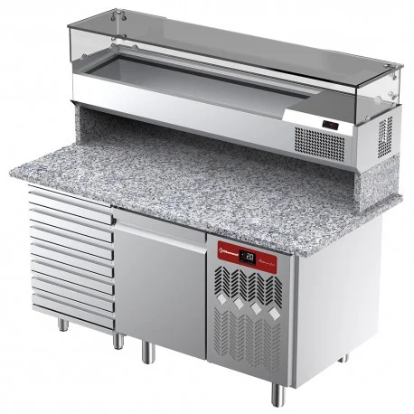 Commander Vite Table frigorifique, ventilée, pour pizza 1 porte et 7 tiroirs avec vitrine refrigérée 1600x380x410 et plan de travail en granitTPC-165/PL2 | Diamond