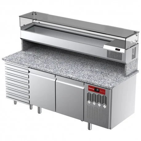 Offre Du Jour Table frigorifique, ventilée, pour pizza 2 portes et 7 tiroirs avec vitrine refrigérée 2000x380x410 et plan de travail en granitTPC-205/PL4 | Diamond