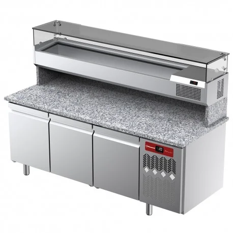 Table frigorifique, ventilée, pour pizza 3 portes avec vitrine refrigérée 2000x380x410 et plan de travail en granitTPP-205/PL3 | Diamond Authentique