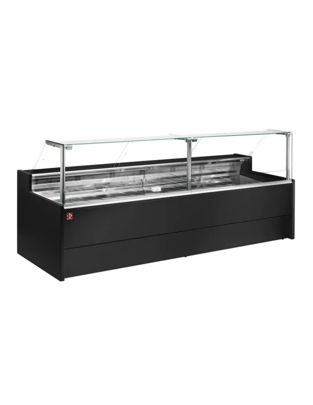 Commander Maintenant Comptoir vitrine réfrigéré à vitre droite 90° sur pistons, ventilé, avec réserve - NOIR
