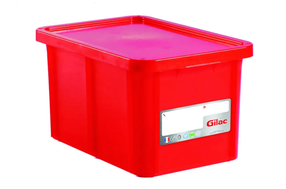 Prix Réduit Bac gerbable Avec couvercle rouge plastique 60x40x33 cm 55 L fond plein parois pleines Gilac
