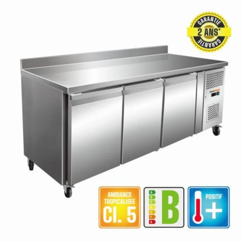 Certifié Table réfrigérée 3 portes pleines avec dosseret froid positif 322 L 3 grilles Proinox