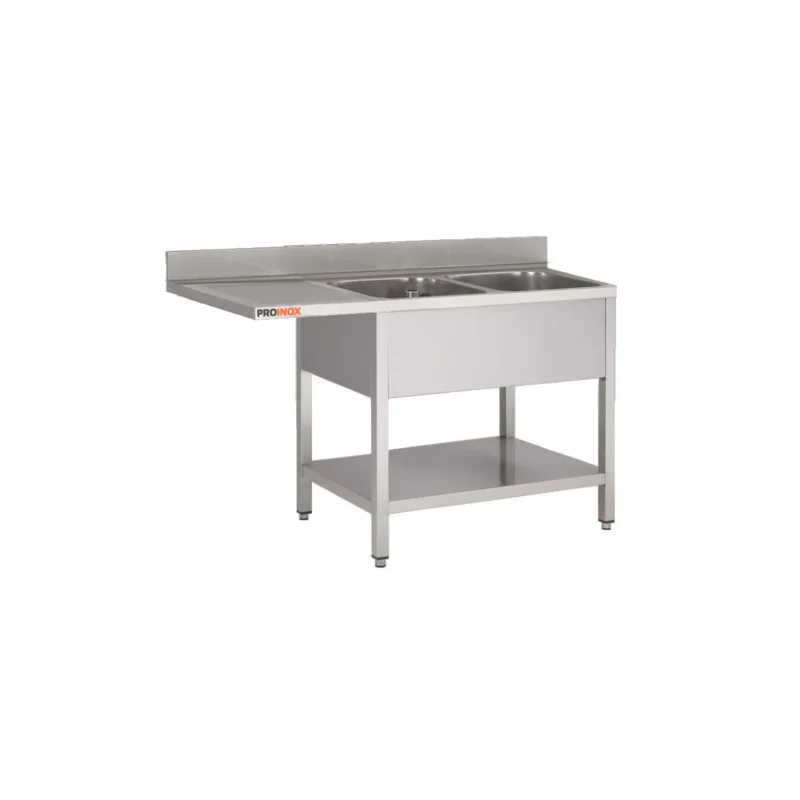 Plonge 2 bacs avec espace lave-vaisselle inox 180 cm x 85 cm Avec dosseret à gauche Avec étagère Proinox Seulement Aujourd’hui