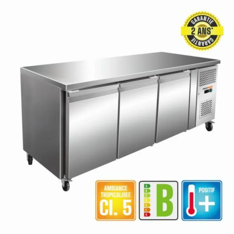 Promotion Saisonnière Table réfrigérée 3 portes pleines pose centrale froid positif 322 L 3 grilles Proinox