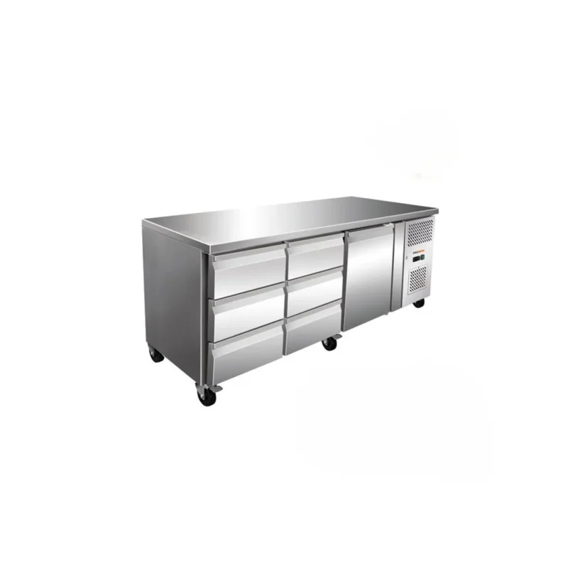 Prix Cassé Table central réfrigérée 1 portes pleine 2 blocs 3 tiroirs gris 465 L 3 grilles Proinox