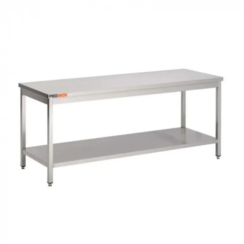 Table centrale inox 200 cm x 85 cm Sans dosseret Avec étagère Proinox Prix Bas