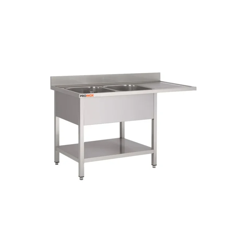 Plonge 2 bacs avec espace lave-vaisselle inox 180 cm x 85 cm Avec dosseret à droite Avec étagère Proinox Haute Qualité