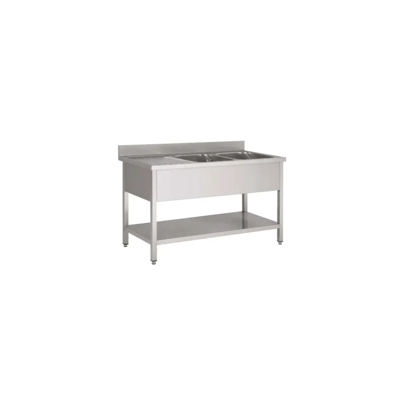 Plonge 2 bacs inox 140 cm x 85 cm Avec dosseret à gauche Avec étagère Proinox Bon Marché