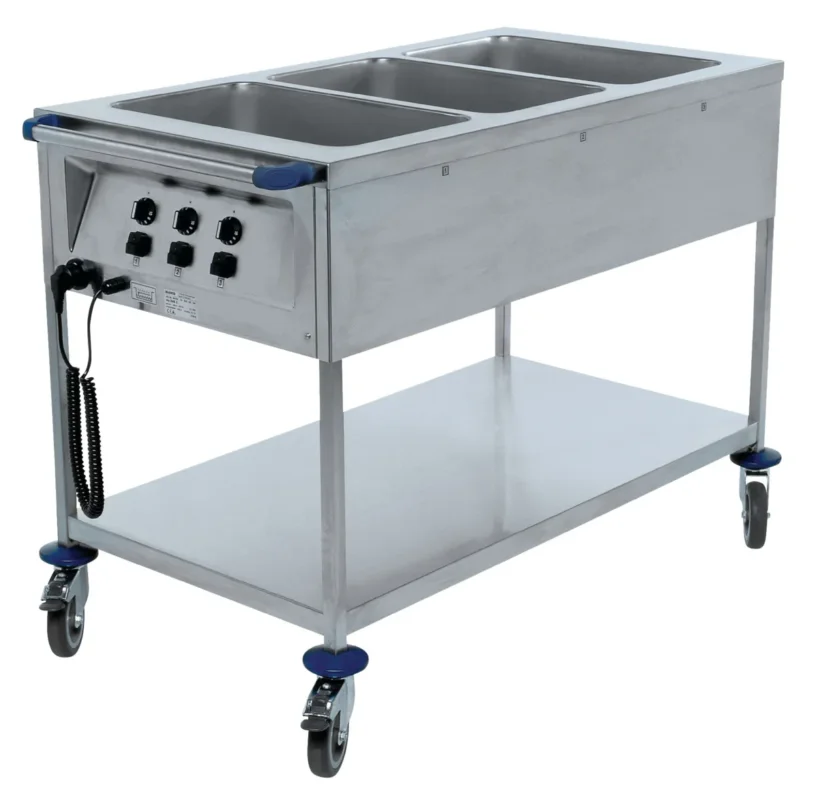 Offre Spéciale Chariot bain-marie 3 cuves GN 1/1 inox 127,6x74,4x93,3 cm 2,1 kW 230v B.pro