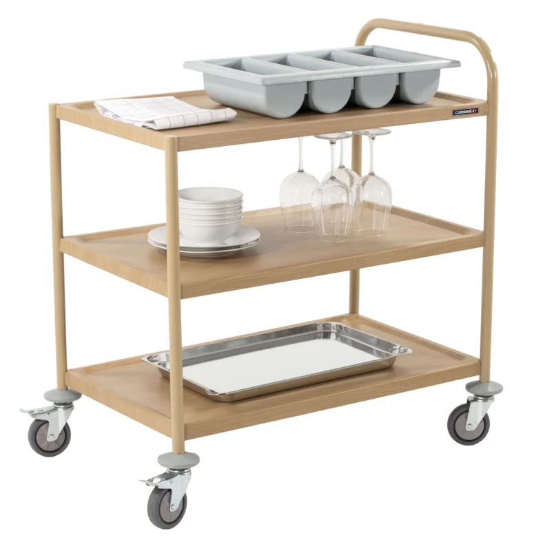 Solde Chariot de service imitation bois 3 plateaux 1 arceau CASSELIN
