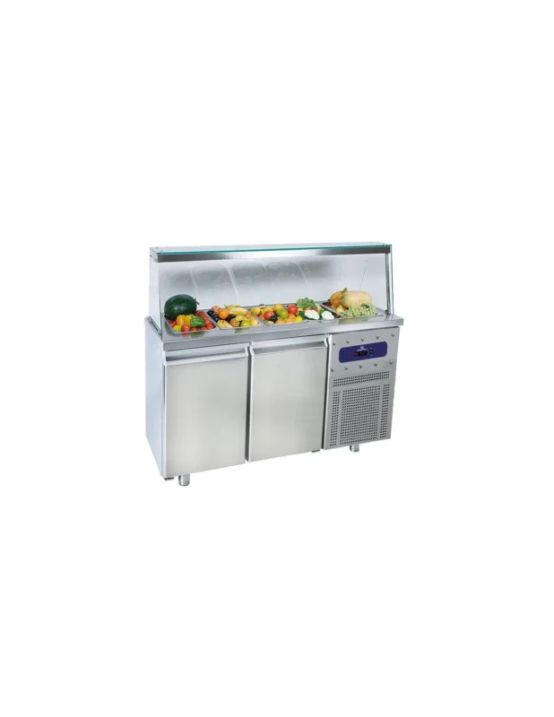 Saladette avec 2 portes GN 1/1 et structure en verre, 4x GN 1/1 h150 mm, -2°/+8°C Retour Gratuit