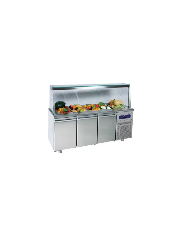 Saladette avec 3 portes GN 1/1 et structure en verre, 5x GN 1/1 h150 mm, -2°/+8°C Super Prix