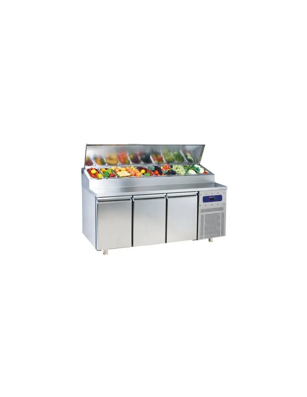 Table réfrigérée saladette avec 3 portes GN 1/1, 10x GN 1/3 h150 mm, +2°/+8°C Certifié
