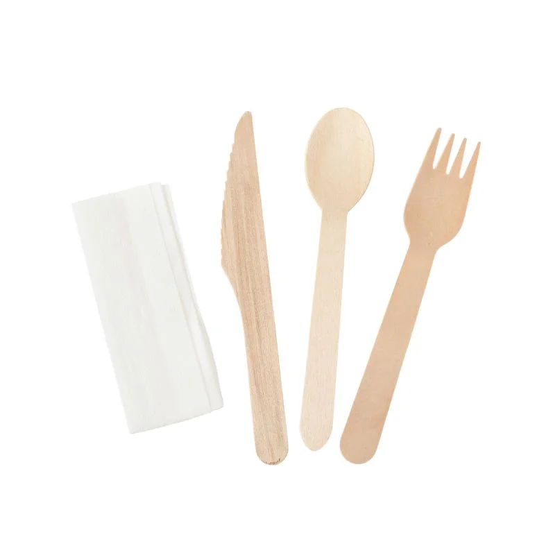 Livraison Gratuite Kit de 4 Pièces - Couverts en Bois : Couteau, Fourchette, Grande Cuillère, Serviette - Lot de 500