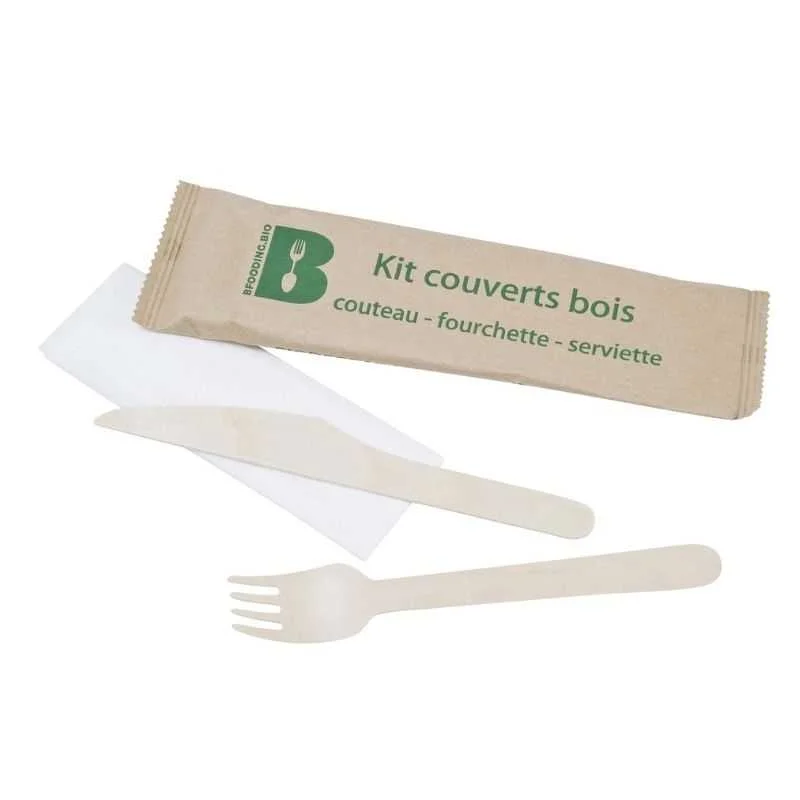 Couverts en Bouleau - Kit 3 Pièces : Couteau, Fourchette et Serviette - Lot de 250 Affaire À Saisir