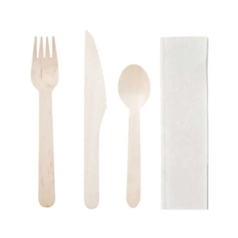 Couverts en Bouleau - Kit 4 Pièces : Couteau, Fourchette, Cuillère, Serviette - Lot de 250 Must-Have