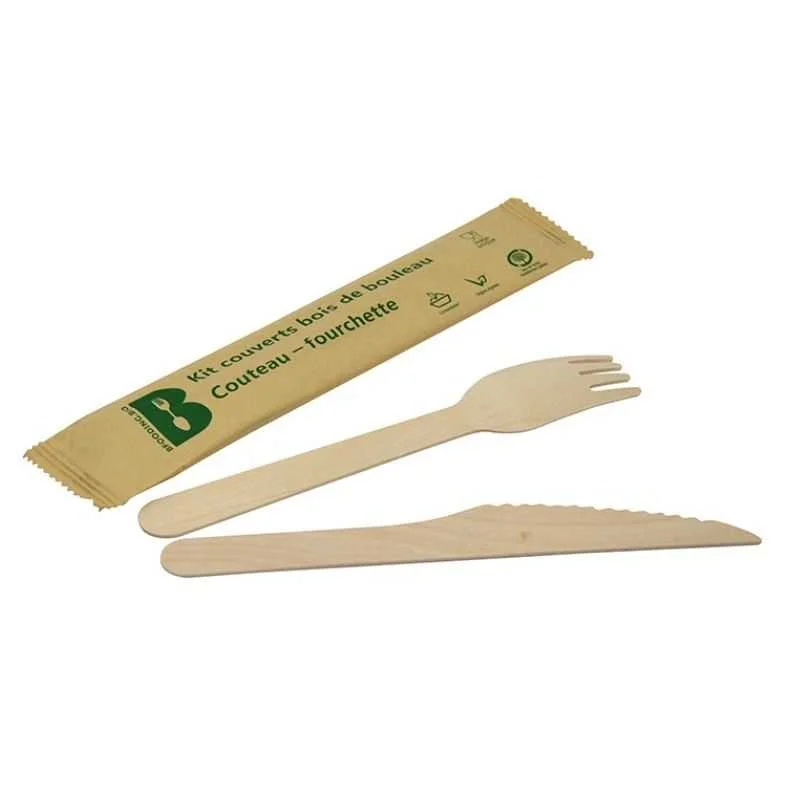 Couverts en Bouleau - Kit 2 Pièces : Couteau et Fourchette - Lot de 50 Solde