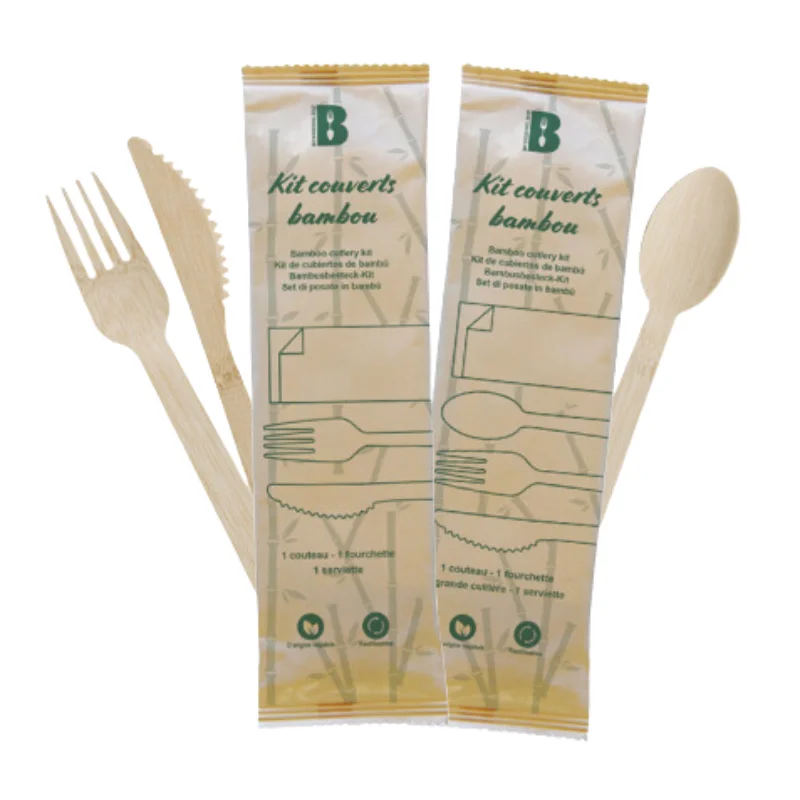 Couverts en Bambou - Kit 3 Pièces : Couteau, Fourchette et Serviette - Lot de 500 Dernier Modèle