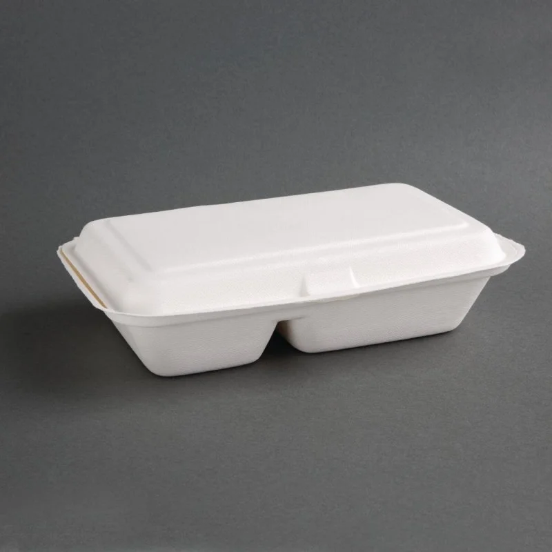 Boîtes 2 Compartiments avec Couvercle à Charnière Compostables Bagasse 253 mm - Lot de 200 Pas Cher