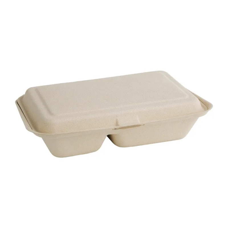 Boîtes 2 Compartiments avec Couvercle à Charnière Compostables Bagasse Naturel 253 mm - Lot de 200 Certifié