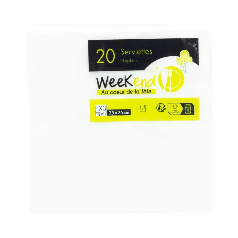 Paquet de 20 Serviettes Unies 3 Plis - 33 x 33 cm Livraison Express