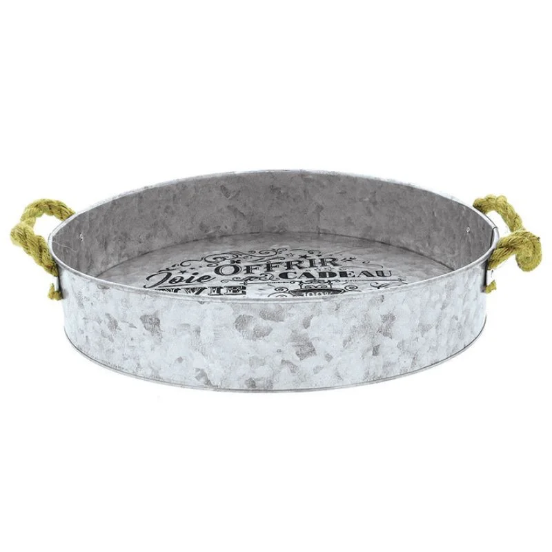 Plateau Rond en Zinc avec Anses Cordes - Ø 320 mm Nouvel Arrivage
