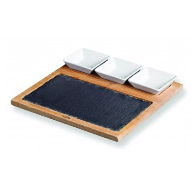 Plateau De Table En Ardoise Et Bambou Avec 3 Pots À Sauce Nouveauté