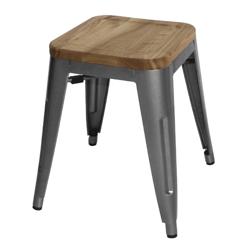 Vente Flash Tabourets Bistro Bas en Acier Gris Métal avec Assise en Bois - Lot de 4