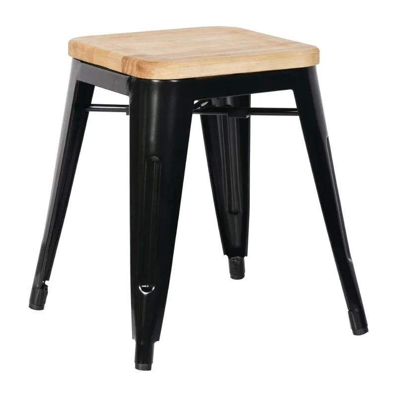 Populaire Tabourets Bistro Bas en Acier Noir avec Assise en Bois - Lot de 4