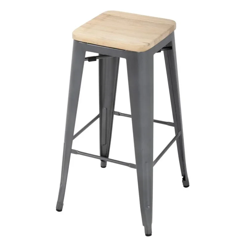 Tabouret Bistro Haut en Acier Gris avec Assise en Bois - Lot de 4 Meilleure Vente