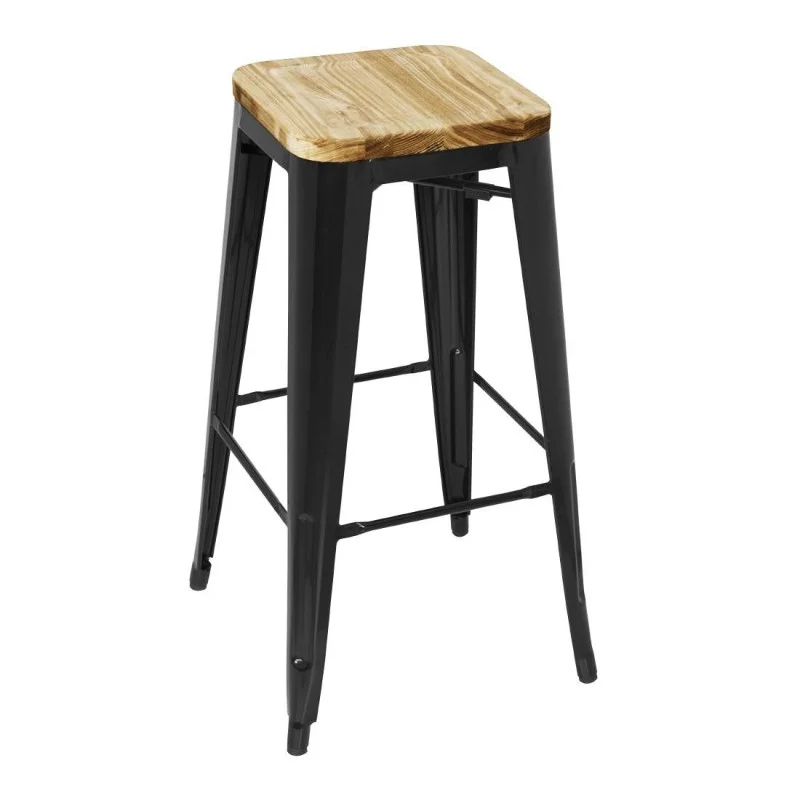 Tabouret Bistro Haut en Acier Noir avec Assise en Bois - Lot de 4 Soldes