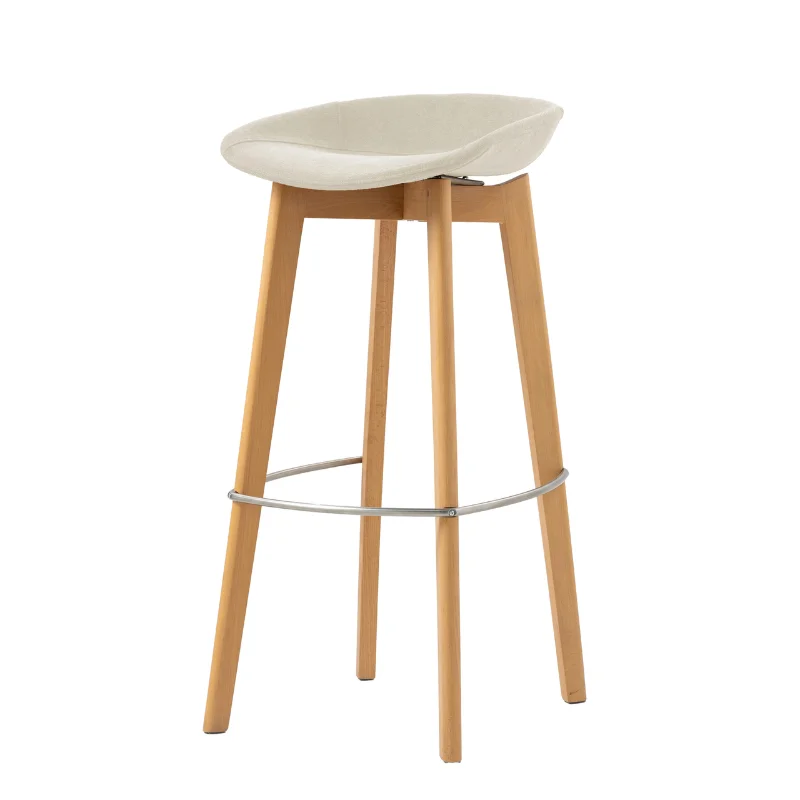 Dernier Modèle Tabouret de Bar Tissu Sans Dossier - Piètement Bois Keeve - Beige