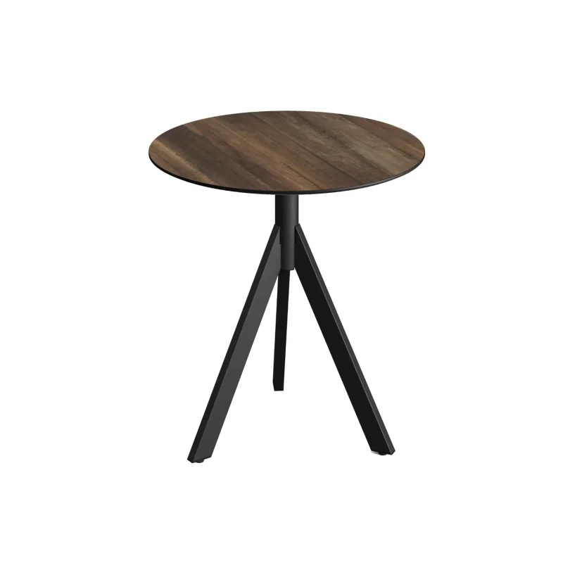 Prix Réduit Table de Bistrot avec Piètement Noir Infinity Tripod et Plateau HPL Tropical Wood - Ø 70 cm