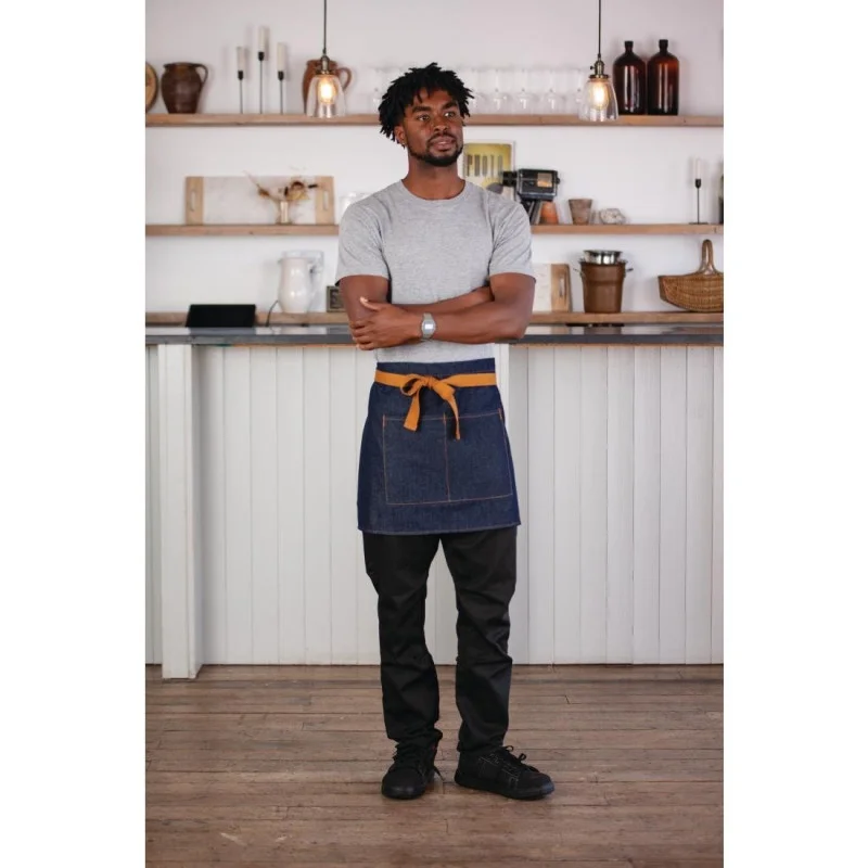 Tablier de Serveur Denim Bleu avec Ceinture Ocre en Coton - 700 x 430 mm Offre Exclusive