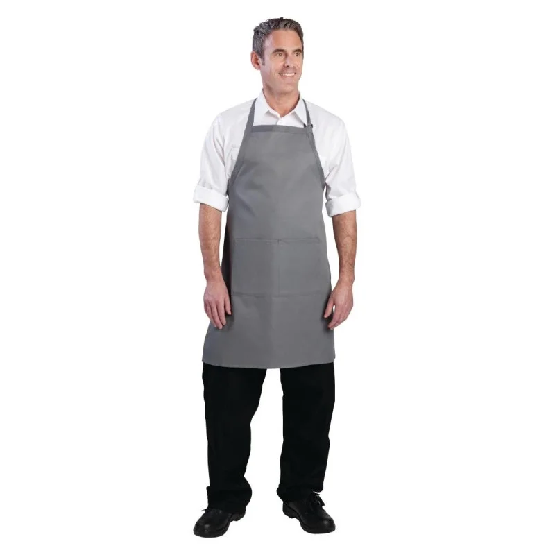 Tablier Bavette avec Tour de Cou Réglable et Double Poche Gris - 610 x 860 mm Prix Réduit