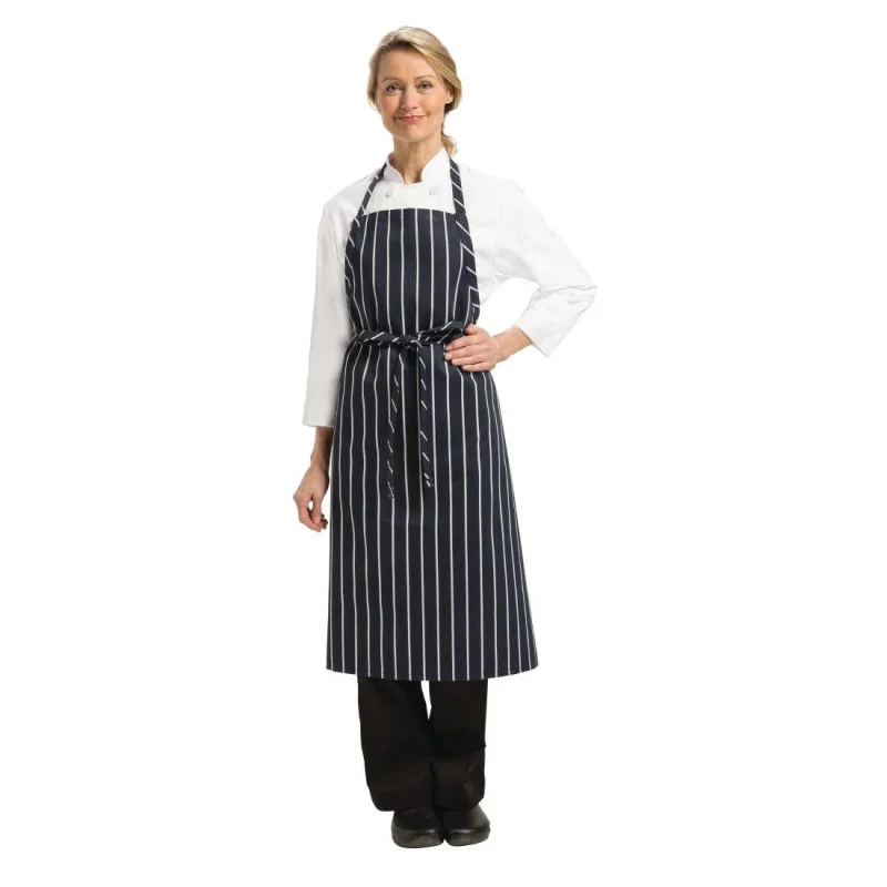 Tablier Bavette Tissé Premium à Rayures Bleu Marine et Blanches Meilleure Vente