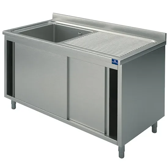 Pas Cher Plonge sur armoire inox 1 bac égouttoir à droite portes coulissantes 1560x750 mm