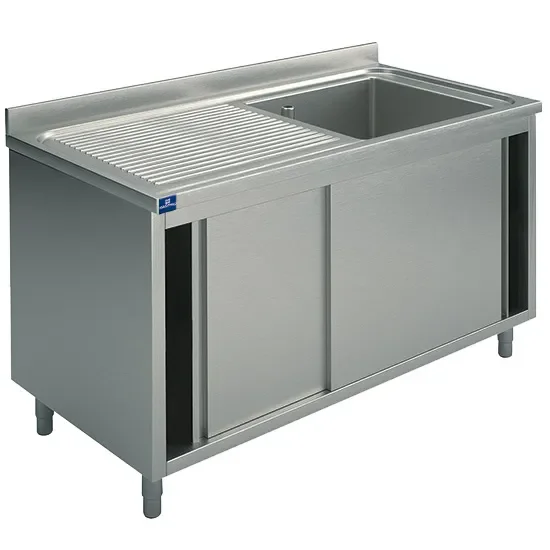 Livraison Express Plonge sur armoire inox 1 bac à gauche avec portes coulissantes - 1400 x 700 x 850 mm