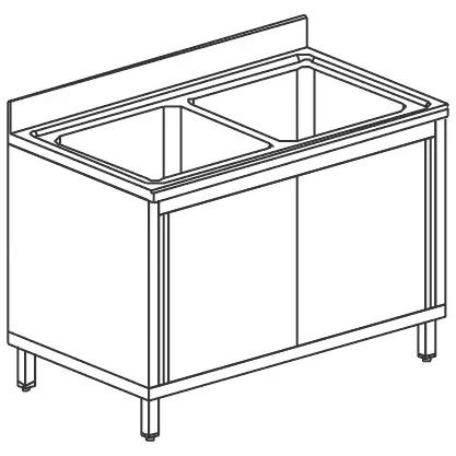Plonge sur armoire inox 2 bacs avec portes coulissantes - 1400x600 mm Certifié