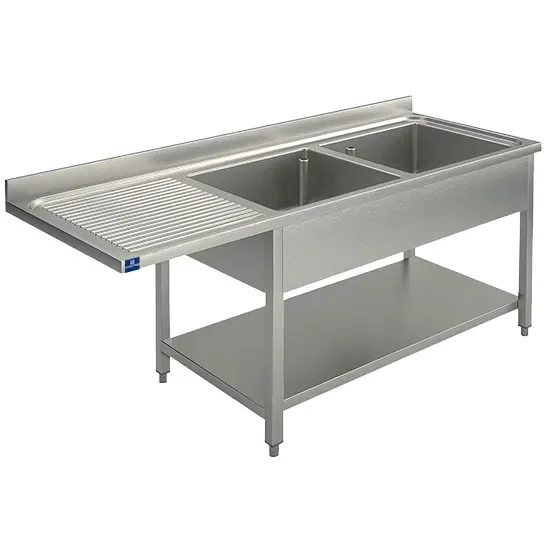 Plonge inox sur piètement avec étagère inférieure 2 bacs à droite 1800x700 mm Satisfait Ou Remboursé