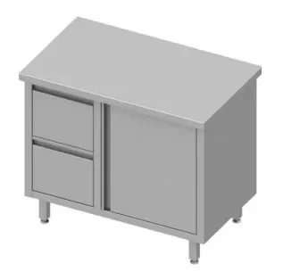 Meuble bas table de travail inox centrale avec deux tiroirsà gauche portes battantes 800x700x900 soudée Livraison Express