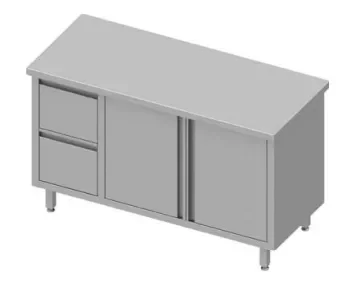 Meuble bas table de travail inox centrale avec deux tiroirsà gauche portes battantes 1100x800x900 soudée Expédié Aujourd’hui