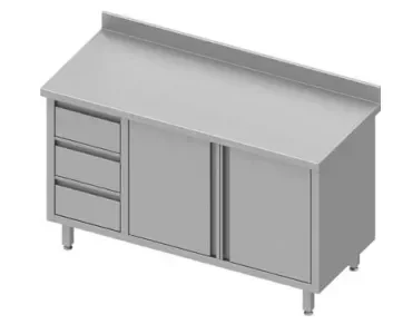 Vente Flash Meuble bas inox de travail centrale avec trois tiroirsà gauche portes battantes 1400x800x900 soudée