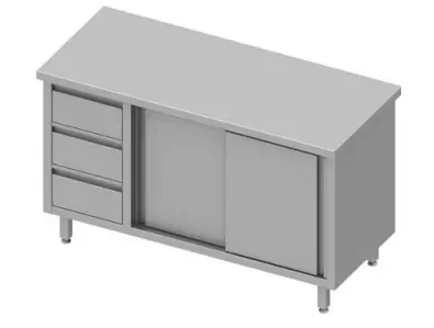 Achat Immédiat Meuble bas inox de travail centrale avec trois tiroirsà gauche portes coulissantes 1300x600x900 soudée