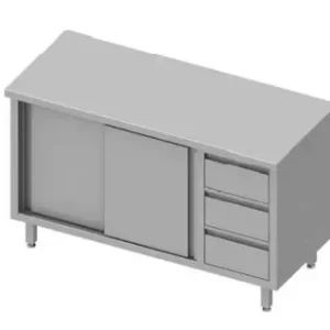 Achat Immédiat Meuble bas de rangement inox centrale avec trois tiroirsà droite portes coulissantes 1900x800x900 soudée