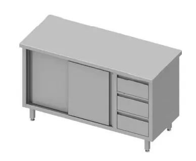 Achat Immédiat Meuble bas de rangement inox centrale avec trois tiroirsà droite portes coulissantes 1900x800x900 soudée