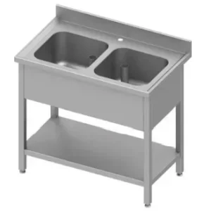 Usine Directe Plonge inox sans egoutoire adossée avec 2 bacs avec étagère 1000x600x900 soudée