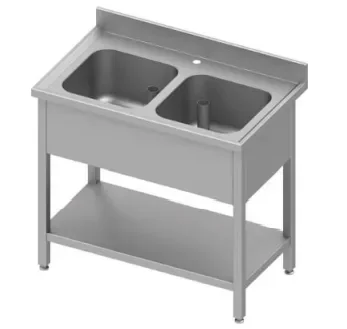 Usine Directe Plonge inox sans egoutoire adossée avec 2 bacs avec étagère 1000x600x900 soudée