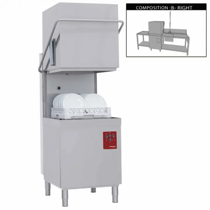 Achetez Aujourd’hui Pack lave-vaisselle à capot panier 500x500 avec une table d'entrée ou sortie et une table de prélavage à droite