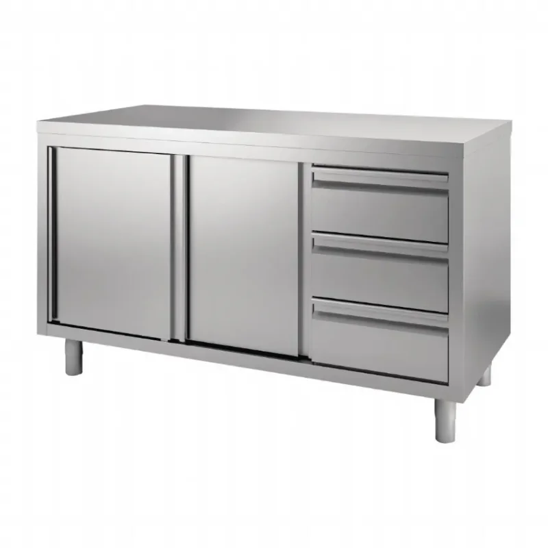 Vente Flash Table armoire inox avec portes coulissantes et 3 tiroirs à gauche 1500 x 700 x 880mm